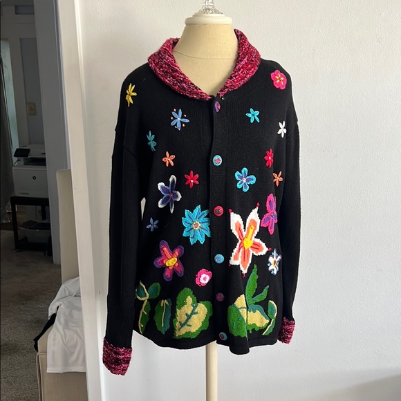 Storybook Knits Sweaters - Storybook Knits Vintage Black Cardigan with Vibrant Collar & Decorative Elements